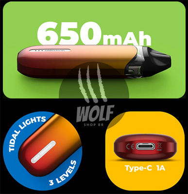 Bateria com indicador de 3 LEDS Com Carregamento Rápido no Pod System Zero S da Vaporesso na Wolf