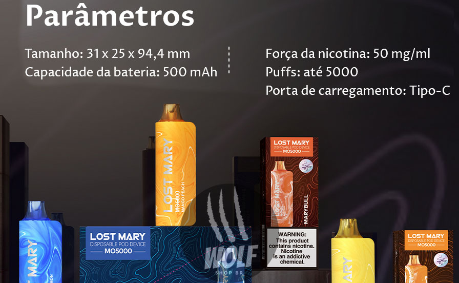 Especificações do Pod Descartável Lost Mary MO5000 na Wolf Shop Brasil